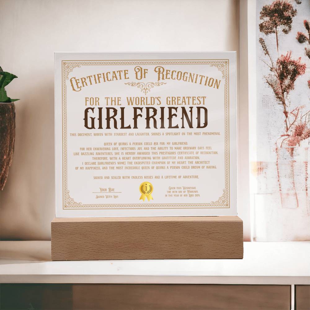 Certificate Of Recognition - World's Best Girlfriend Acrylic Square Plaque