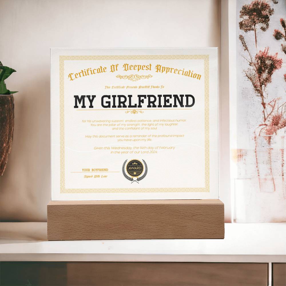 Certificate Of Deepest Appreciation - Girlfriend Acrylic Square Plaque
