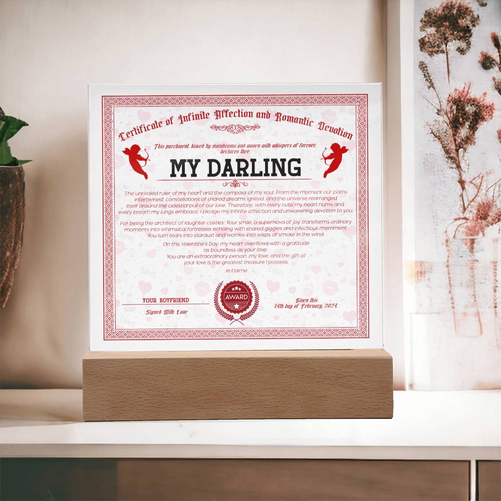 Certificate Of Infinite Affection and Romantic Devotion - My Darling Acrylic Square Plaque