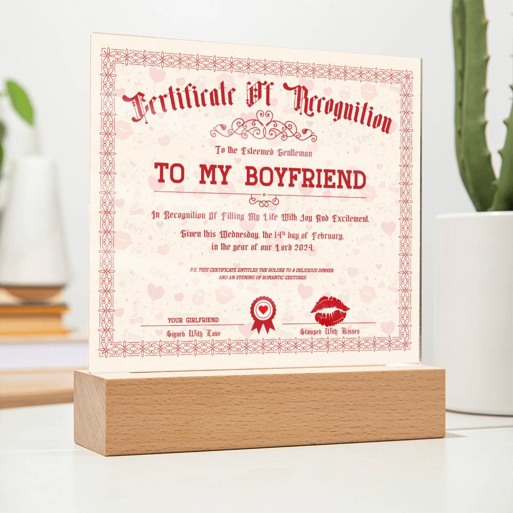 Certificate Of Recognition Boyfriend Acrylic Square Plaque