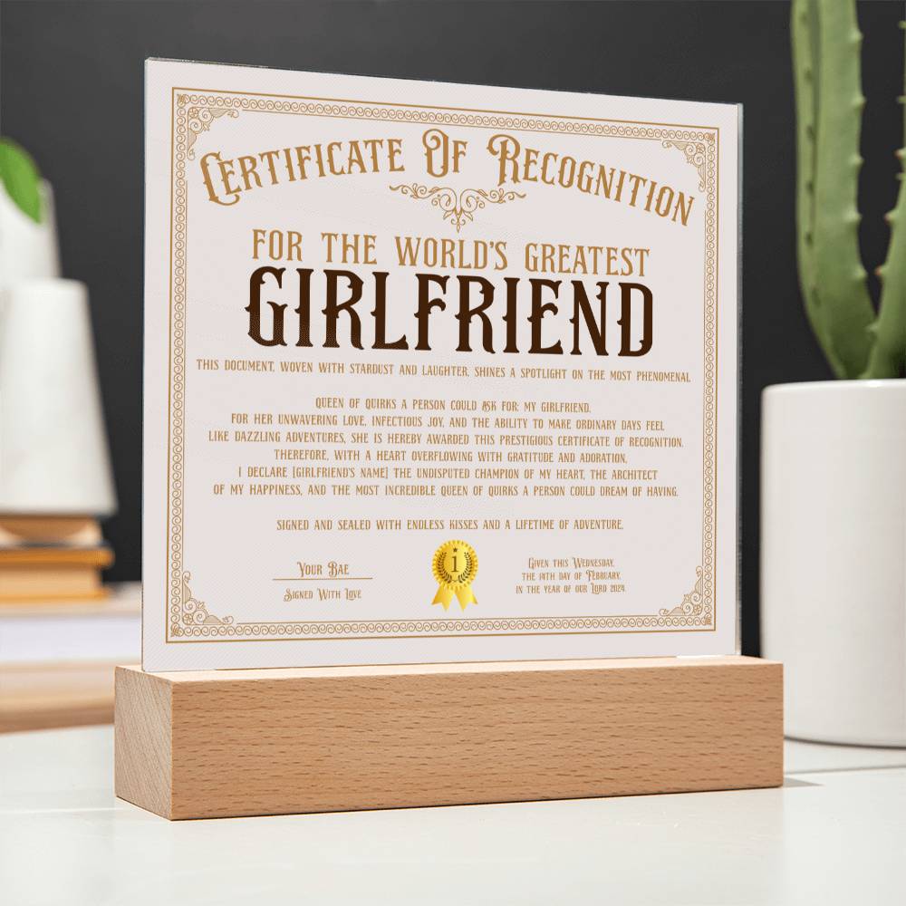 Certificate Of Recognition - World's Best Girlfriend Acrylic Square Plaque