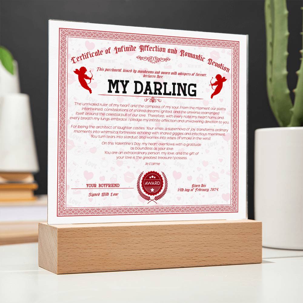 Certificate Of Infinite Affection and Romantic Devotion - My Darling Acrylic Square Plaque