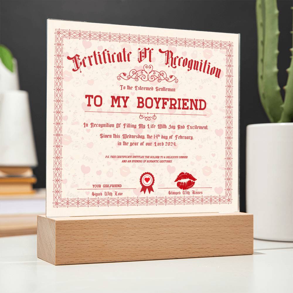 Certificate Of Recognition Boyfriend Acrylic Square Plaque