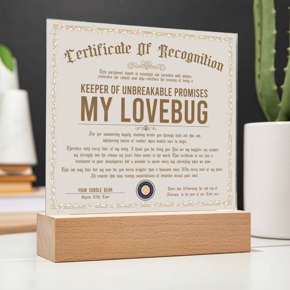 Certificate Of Recognition - My Lovebug Acrylic Square Plaque