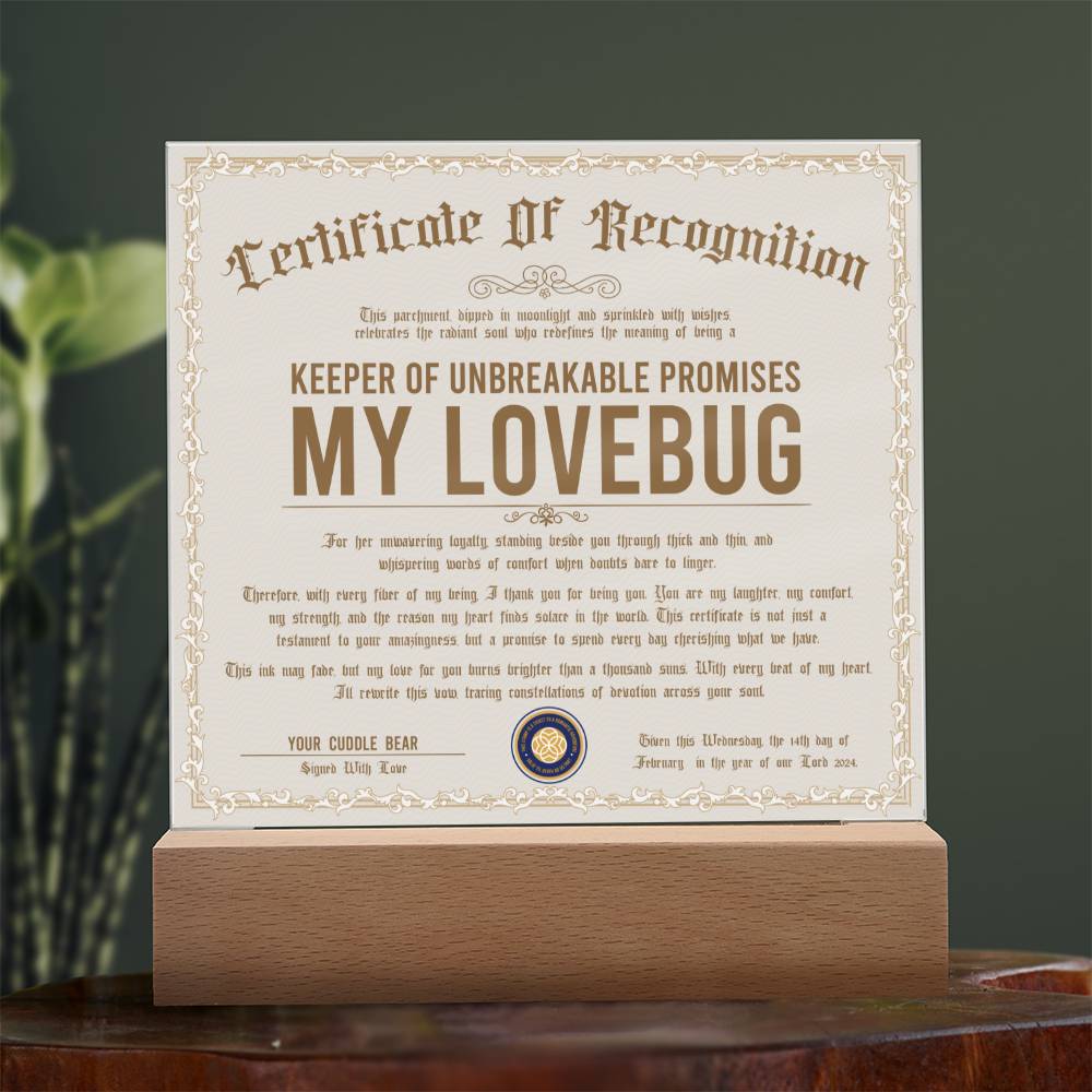 Certificate Of Recognition - My Lovebug Acrylic Square Plaque