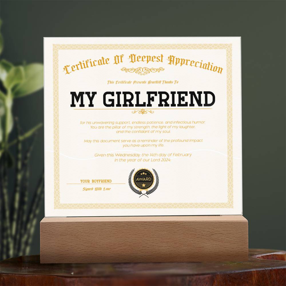Certificate Of Deepest Appreciation - Girlfriend Acrylic Square Plaque