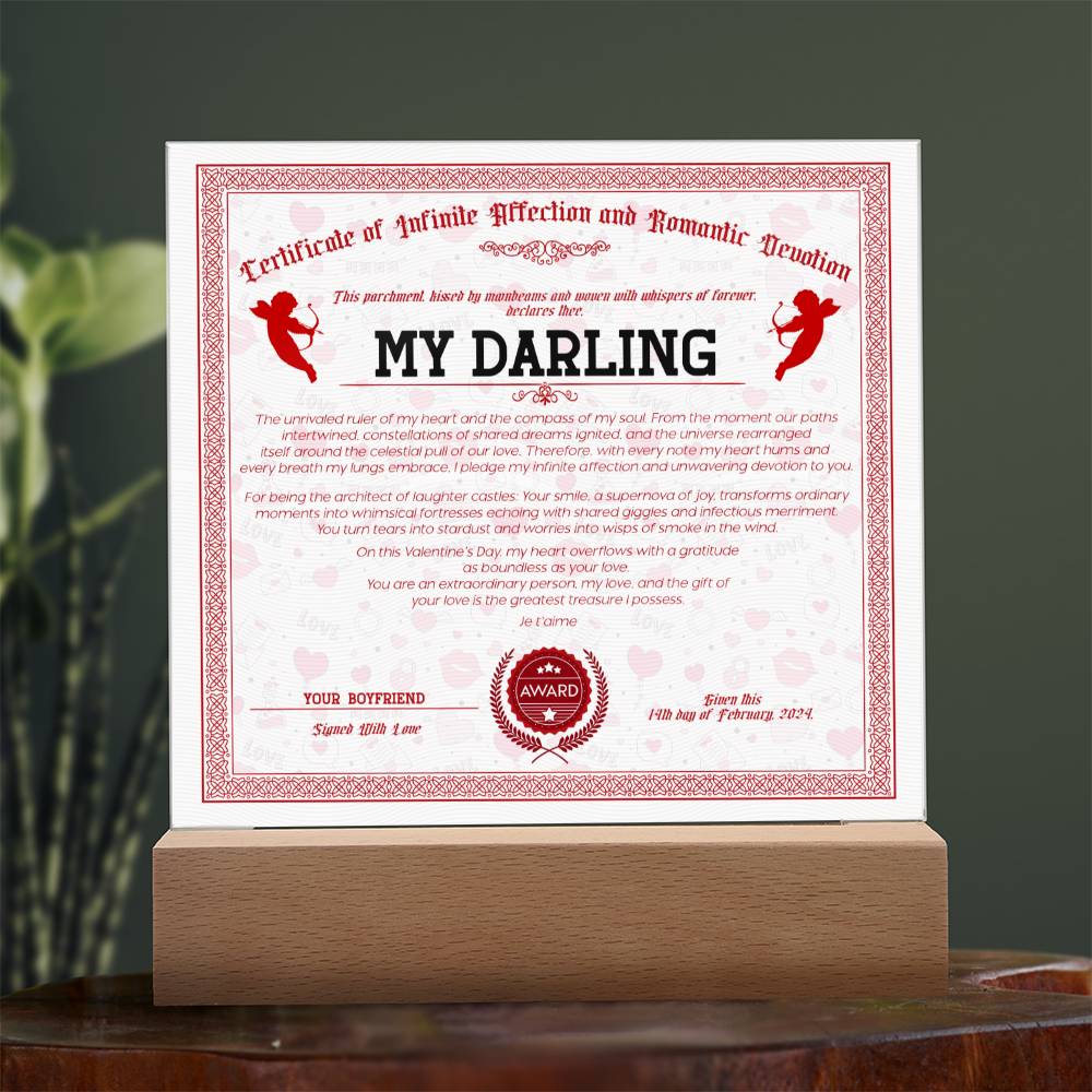 Certificate Of Infinite Affection and Romantic Devotion - My Darling Acrylic Square Plaque