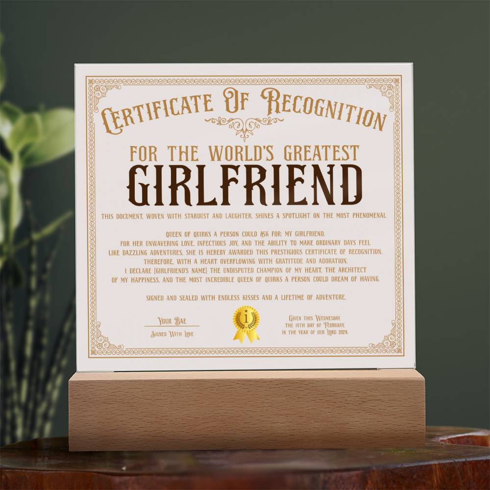 Certificate Of Recognition - World's Best Girlfriend Acrylic Square Plaque