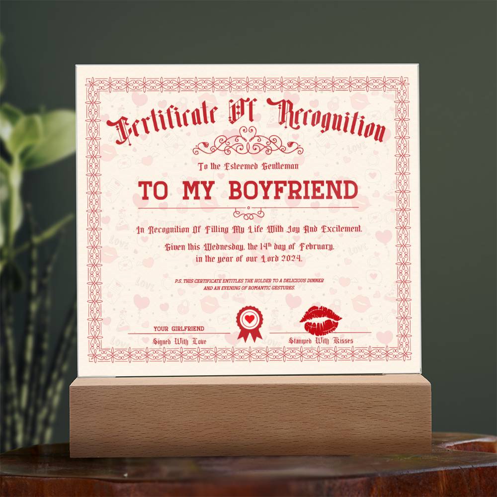 Certificate Of Recognition Boyfriend Acrylic Square Plaque