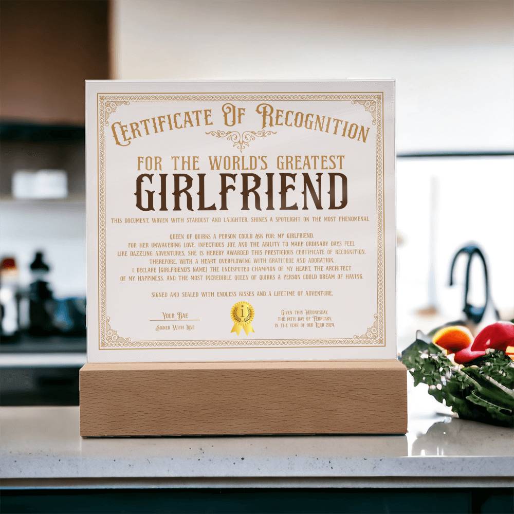 Certificate Of Recognition - World's Best Girlfriend Acrylic Square Plaque