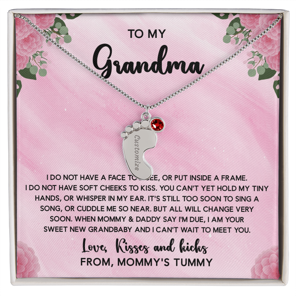 Grandma To Be Necklace With Message Card, Personalized Baby Feet With Birthstones Jewelry