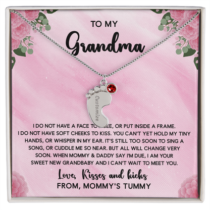 Grandma To Be Necklace With Message Card, Personalized Baby Feet With Birthstones Jewelry