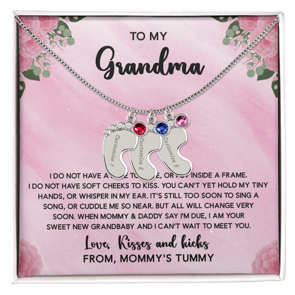 Grandma To Be Necklace With Message Card, Personalized Baby Feet With Birthstones Jewelry
