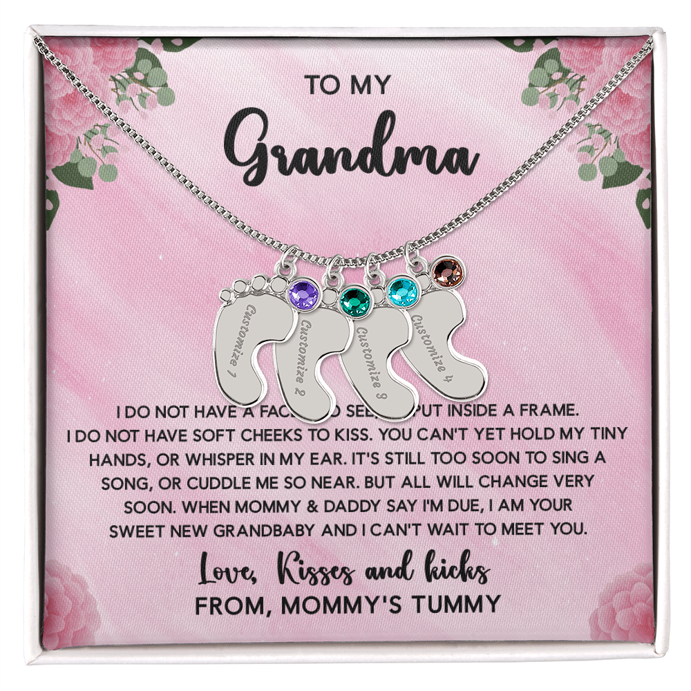 Grandma To Be Necklace With Message Card, Personalized Baby Feet With Birthstones Jewelry