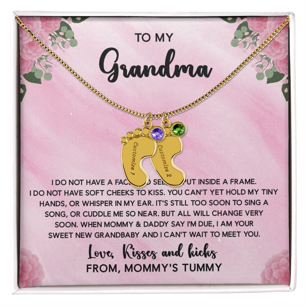Grandma To Be Necklace With Message Card, Personalized Baby Feet With Birthstones Jewelry