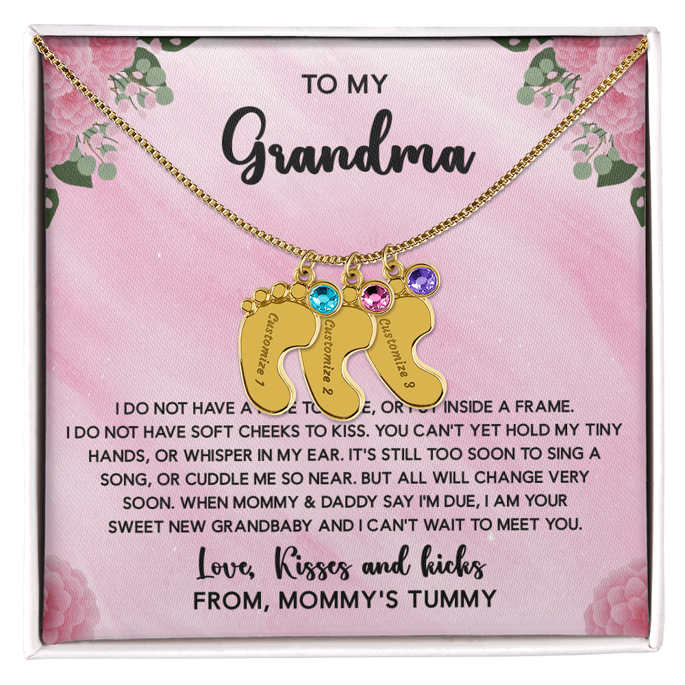 Grandma To Be Necklace With Message Card, Personalized Baby Feet With Birthstones Jewelry