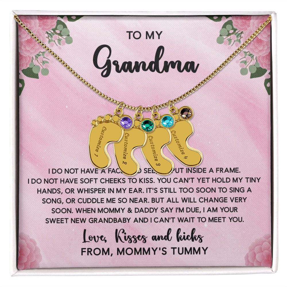 Grandma To Be Necklace With Message Card, Personalized Baby Feet With Birthstones Jewelry