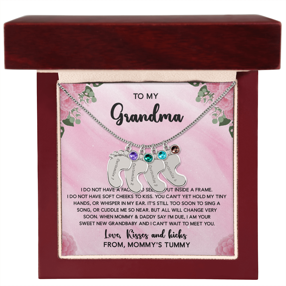 Grandma To Be Necklace With Message Card, Personalized Baby Feet With Birthstones Jewelry