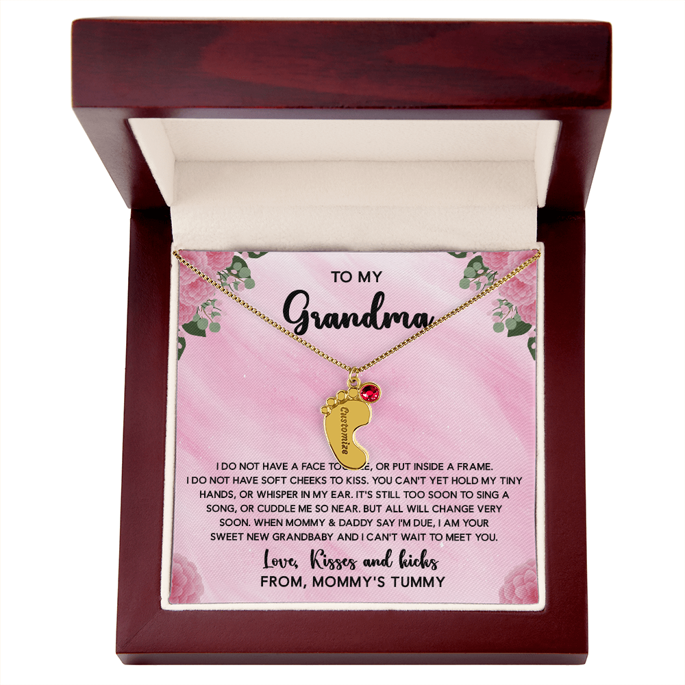 Grandma To Be Necklace With Message Card, Personalized Baby Feet With Birthstones Jewelry