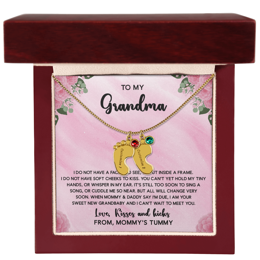Grandma To Be Necklace With Message Card, Personalized Baby Feet With Birthstones Jewelry