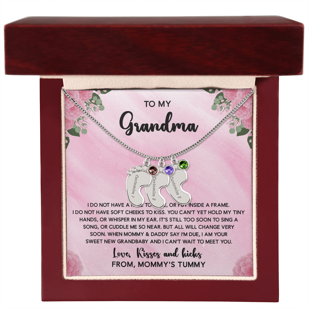 Grandma To Be Necklace With Message Card, Personalized Baby Feet With Birthstones Jewelry
