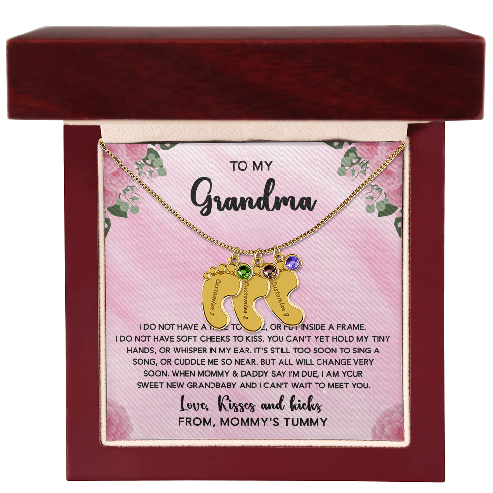 Grandma To Be Necklace With Message Card, Personalized Baby Feet With Birthstones Jewelry