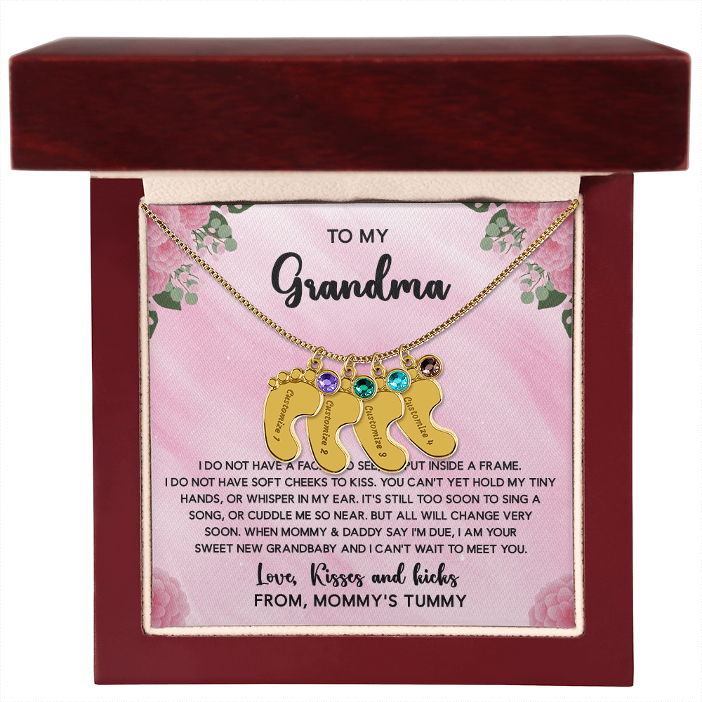 Grandma To Be Necklace With Message Card, Personalized Baby Feet With Birthstones Jewelry