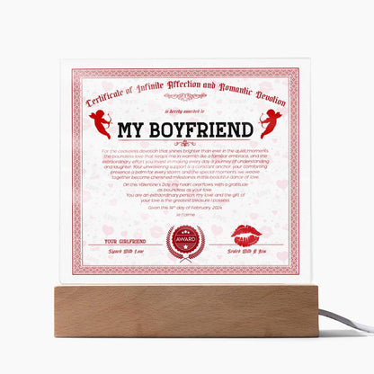Certificate Of Infinite And Romantic Devotion Boyfriend Acrylic Square Plaque