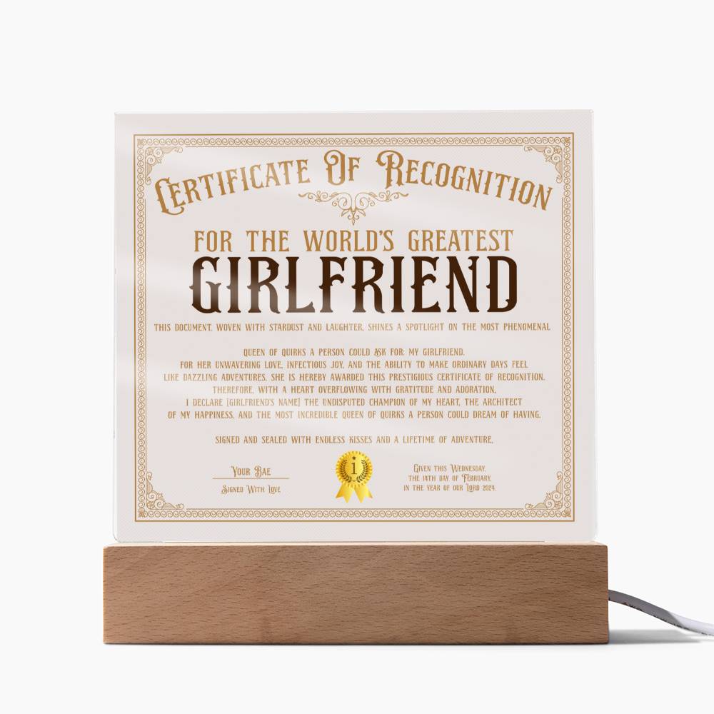 Certificate Of Recognition - World's Best Girlfriend Acrylic Square Plaque