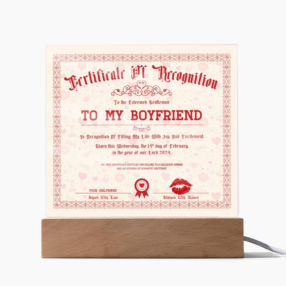 Certificate Of Recognition Boyfriend Acrylic Square Plaque