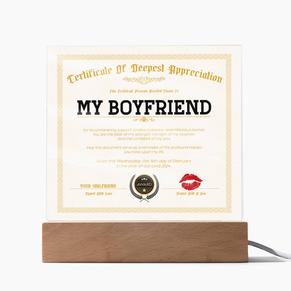 Appreciation Certificate For My Boyfriend Acrylic Square Plaque