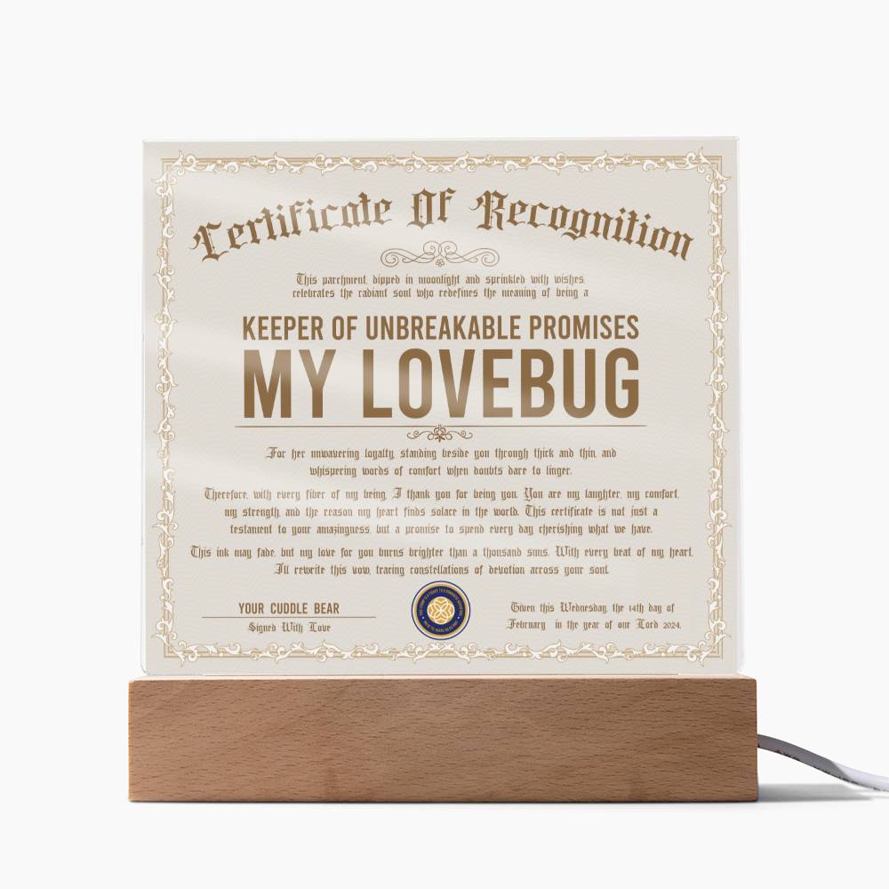 Certificate Of Recognition - My Lovebug Acrylic Square Plaque