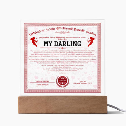Certificate Of Infinite Affection and Romantic Devotion - My Darling Acrylic Square Plaque