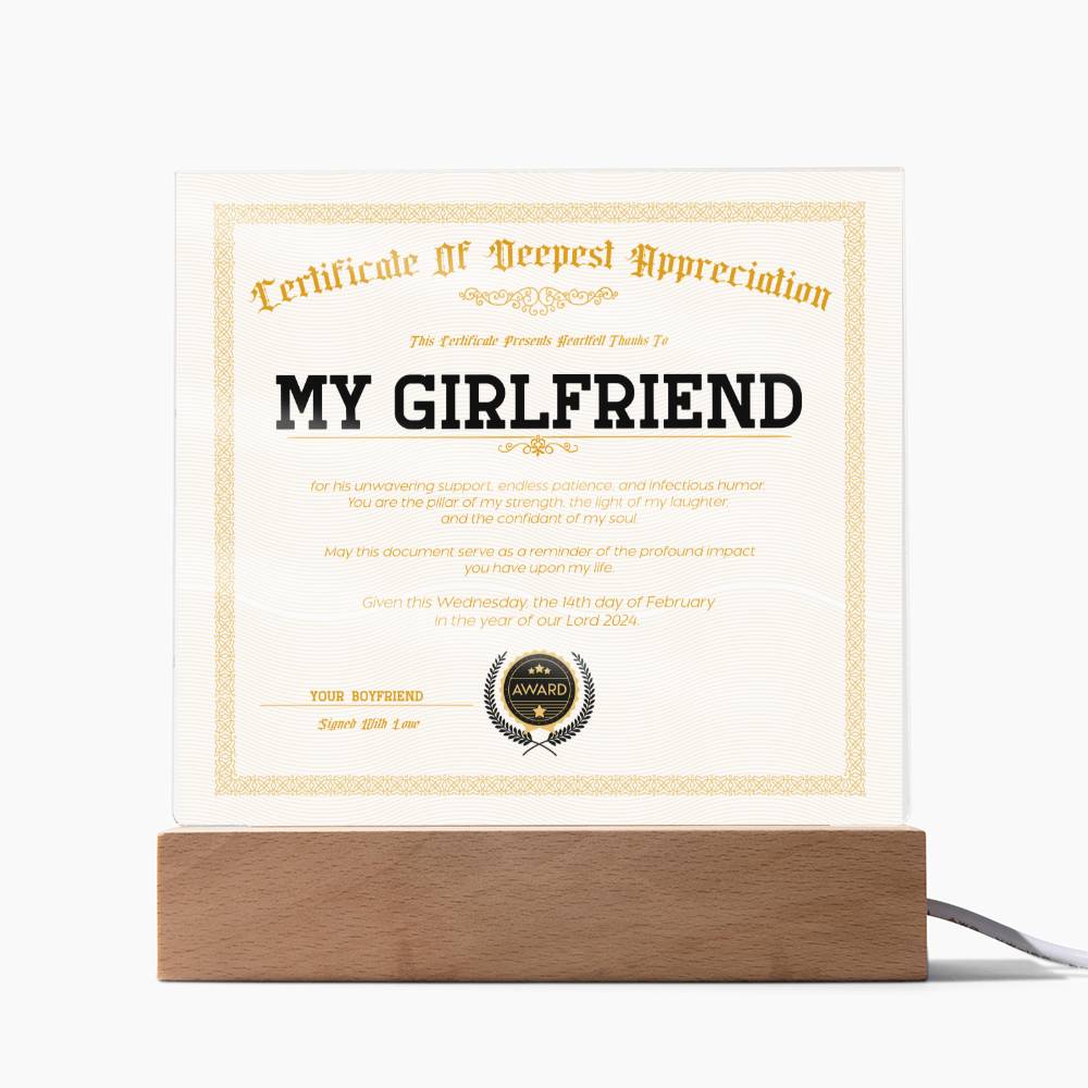 Certificate Of Deepest Appreciation - Girlfriend Acrylic Square Plaque