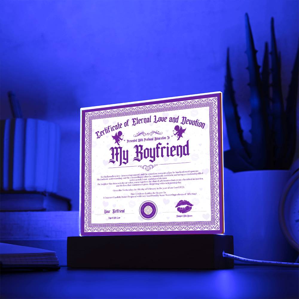 Certificate Of Eternal Love And Devotion Boyfriend Acrylic Square Plaque
