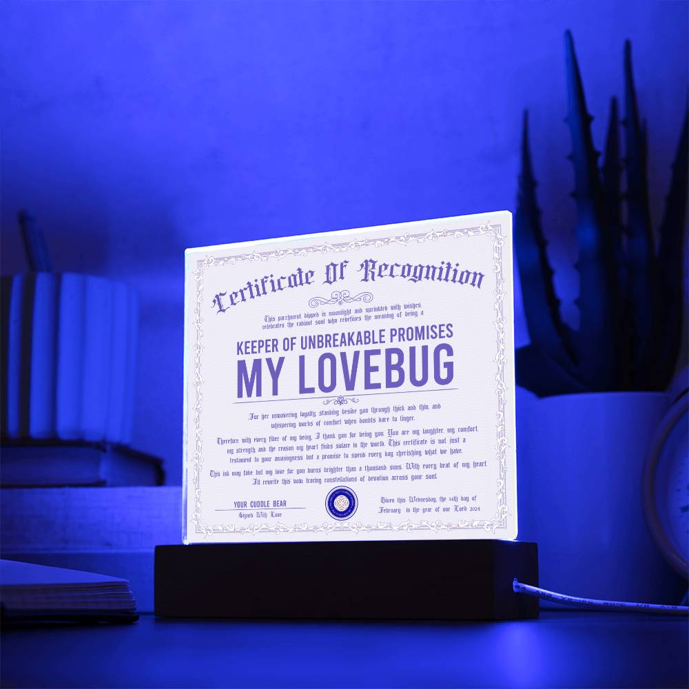 Certificate Of Recognition - My Lovebug Acrylic Square Plaque