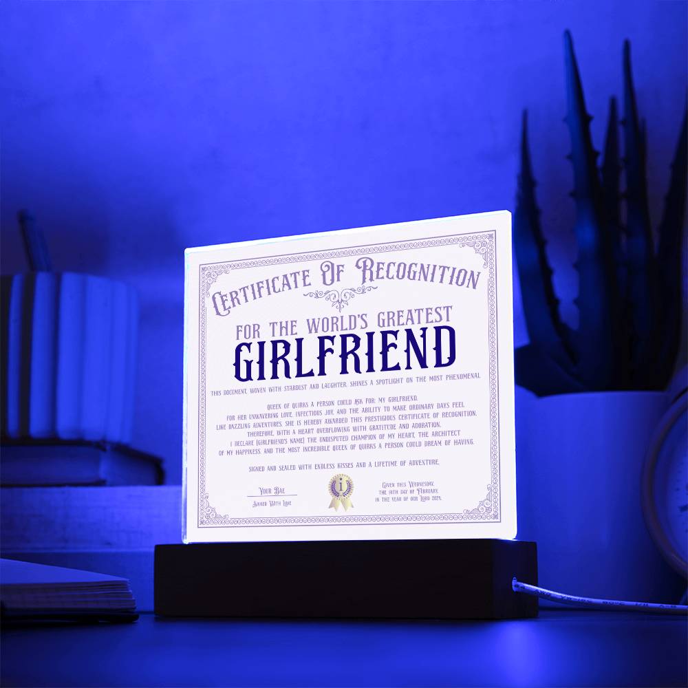 Certificate Of Recognition - World's Best Girlfriend Acrylic Square Plaque