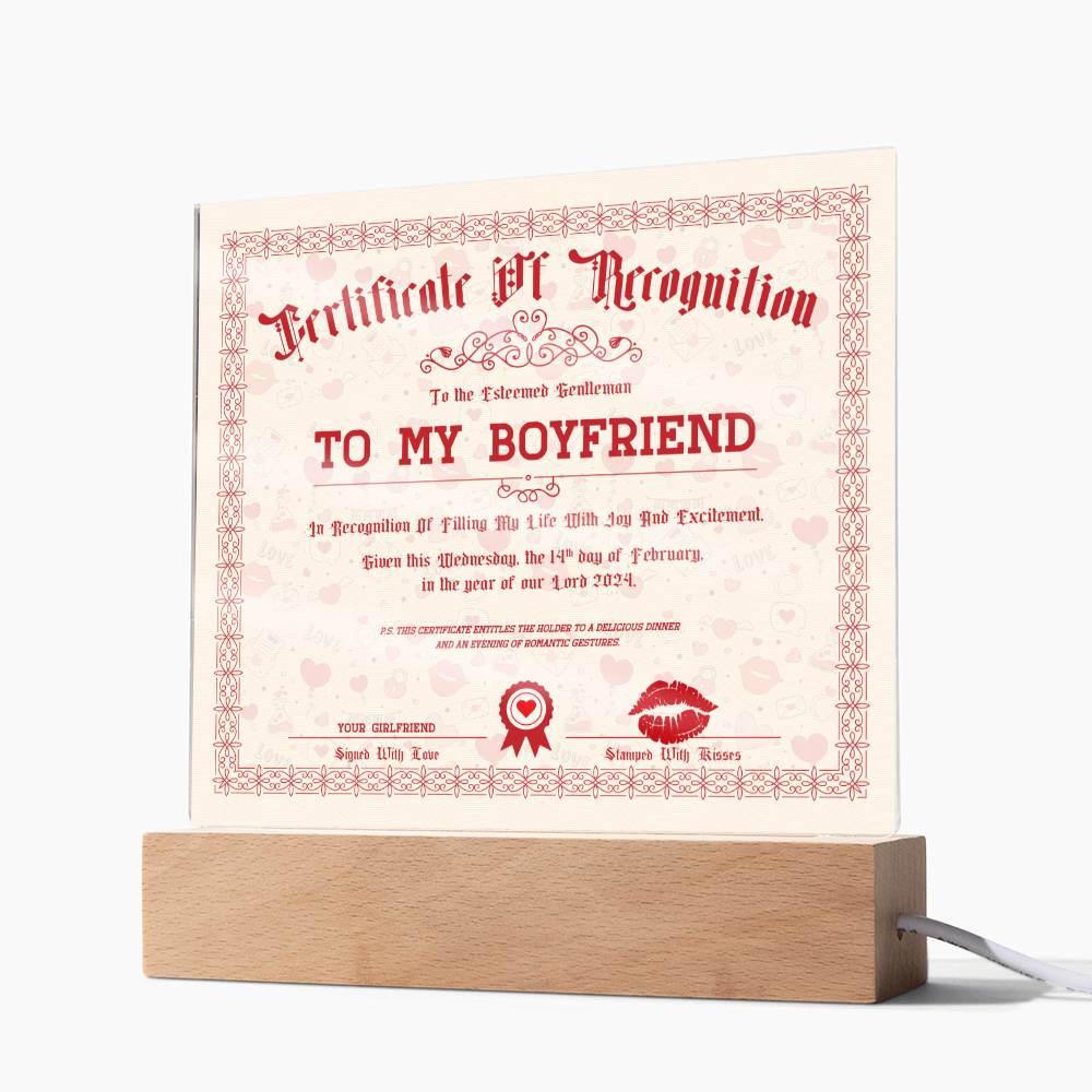 Certificate Of Recognition Boyfriend Acrylic Square Plaque