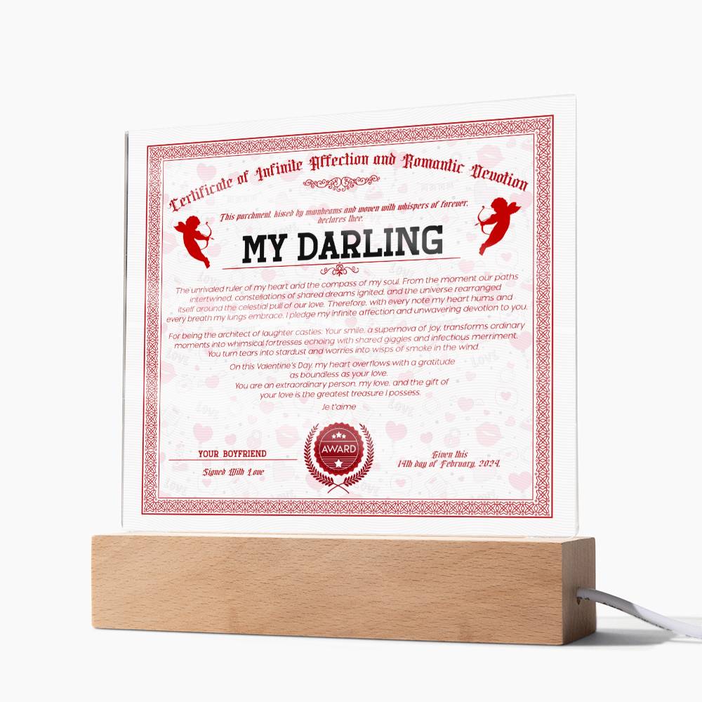 Certificate Of Infinite Affection and Romantic Devotion - My Darling Acrylic Square Plaque