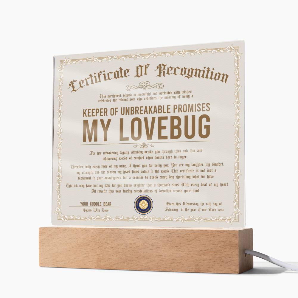 Certificate Of Recognition - My Lovebug Acrylic Square Plaque