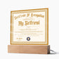 Certificate Of Recognition - Girlfriend S3 Acrylic Square Plaque