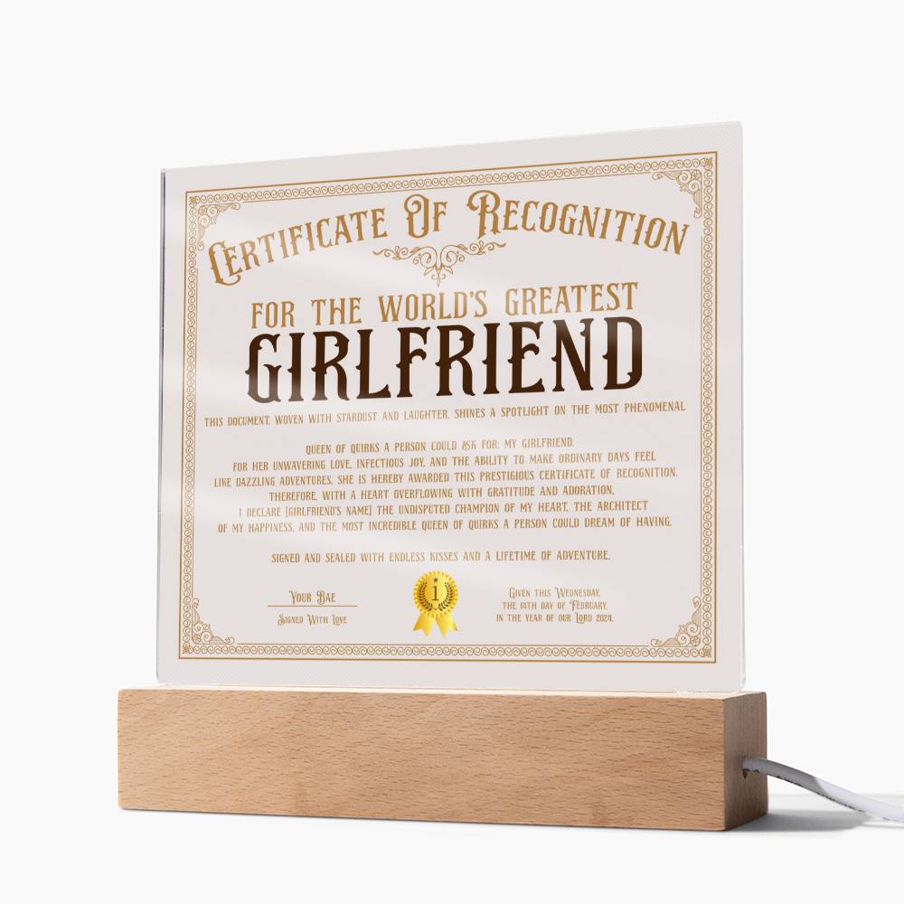 Certificate Of Recognition - World's Best Girlfriend Acrylic Square Plaque