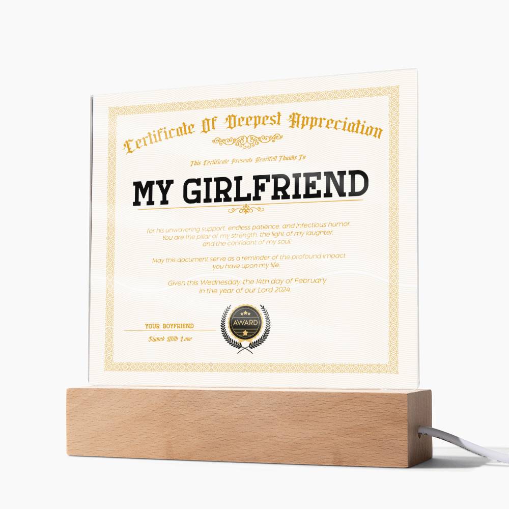 Certificate Of Deepest Appreciation - Girlfriend Acrylic Square Plaque