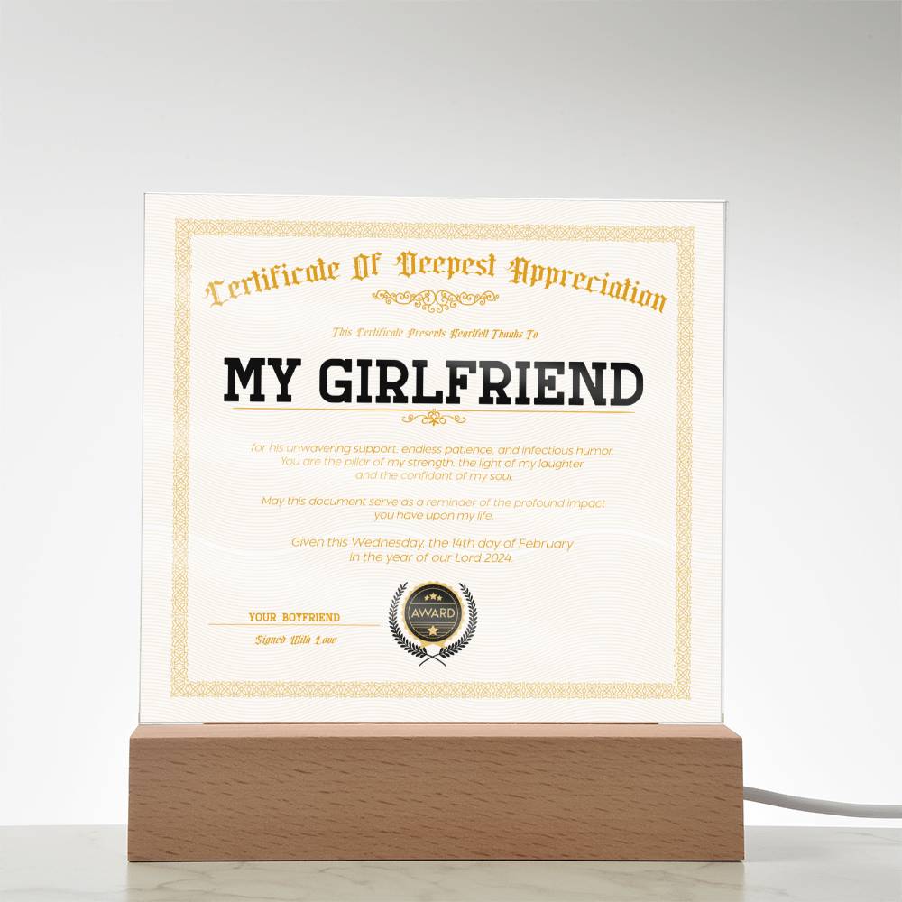 Certificate Of Deepest Appreciation - Girlfriend Acrylic Square Plaque