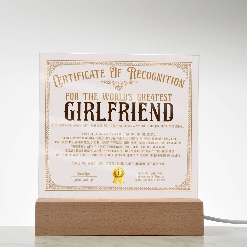 Certificate Of Recognition - World's Best Girlfriend Acrylic Square Plaque
