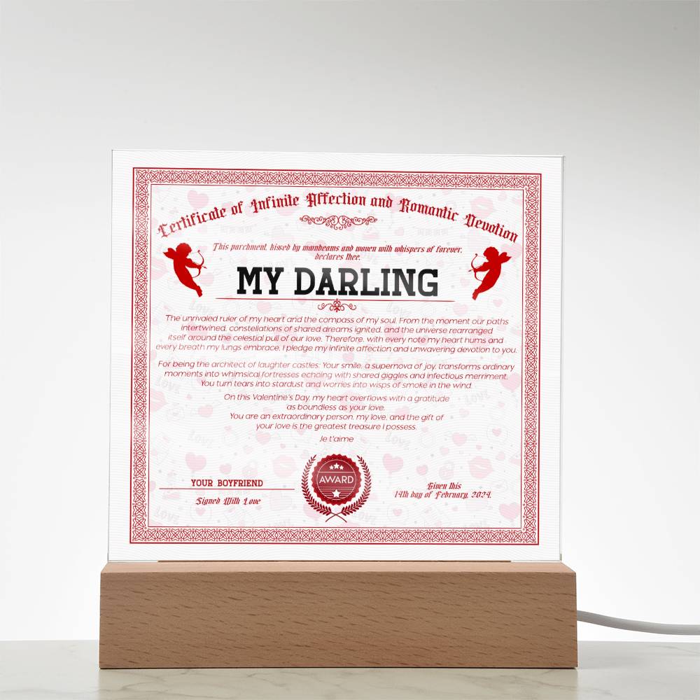Certificate Of Infinite Affection and Romantic Devotion - My Darling Acrylic Square Plaque