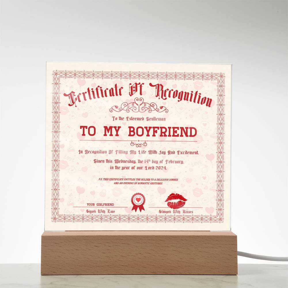 Certificate Of Recognition Boyfriend Acrylic Square Plaque