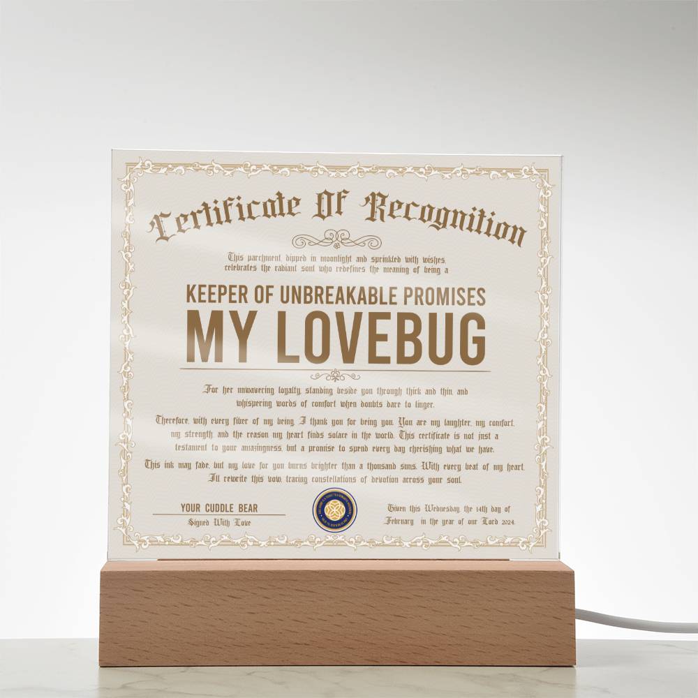 Certificate Of Recognition - My Lovebug Acrylic Square Plaque