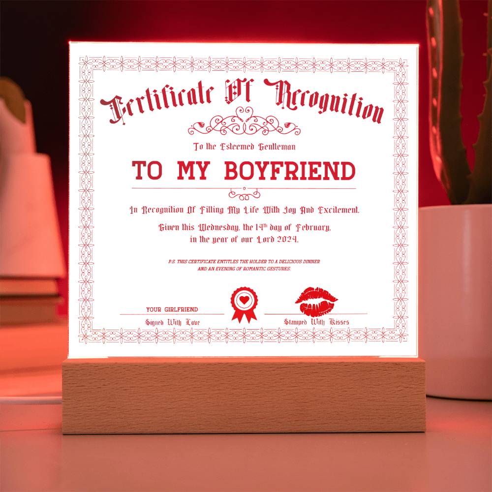 Certificate Of Recognition Boyfriend Acrylic Square Plaque