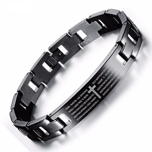 Black/Silver Stainless Steel Lord's Prayer Bible Cross Bracelet - Freedom Look